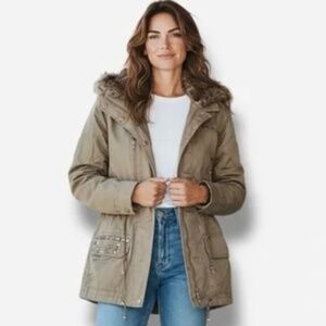 London Jeans Hooded Jacket Olive Faux Fur Zipper